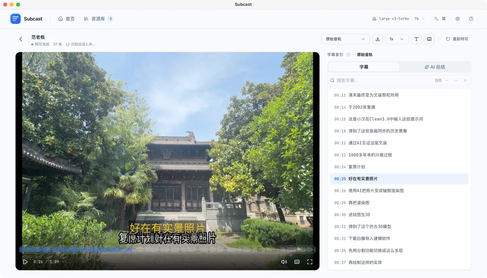 Subcast 播放器：波形 + 双语字幕